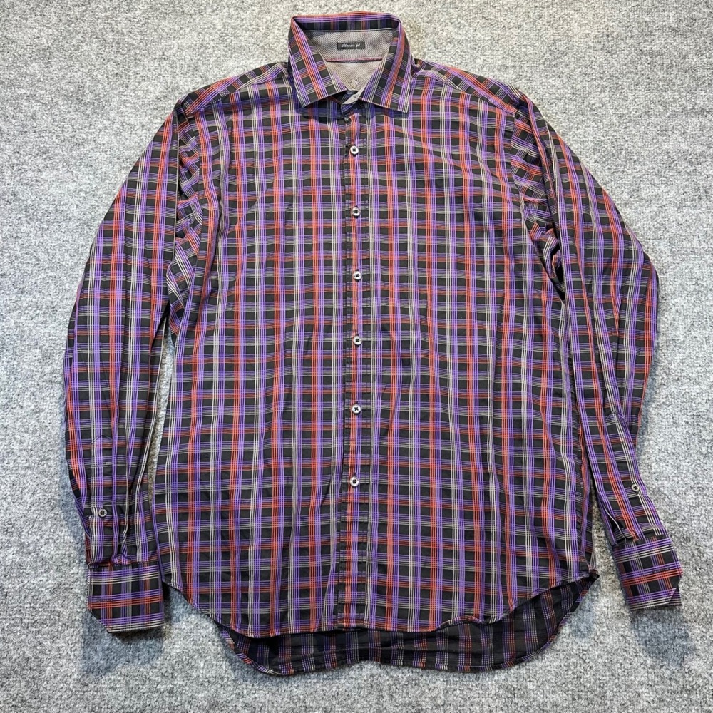 Bugatchi Button Down Shirt Mens L Purple Orange Plaid Classic Fit Business
